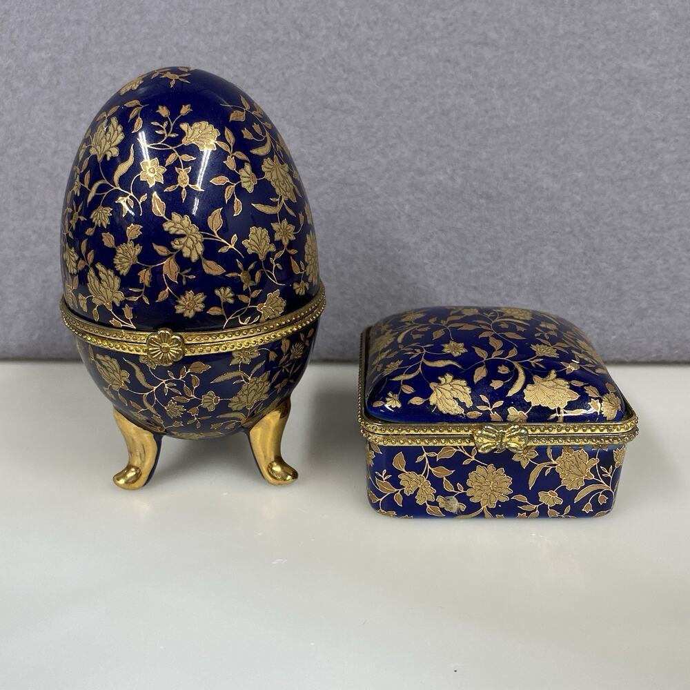 Sold! $17 Cobalt Blue Porcelain Egg Gold Gilt Hinged Lid Candle Trinket Box